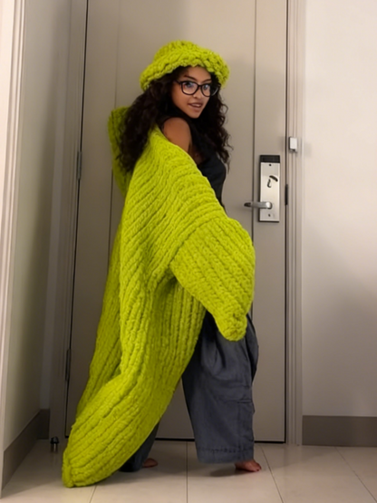 Handmade Chunky Knit Cardigan& Hat Two Pieces Set