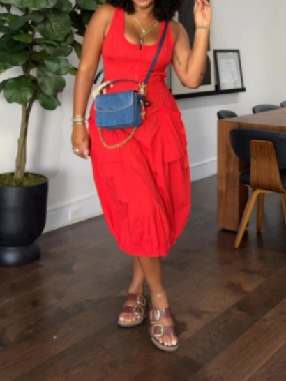 Scoop Neck Pockets Bubble-hem Midi Dress
