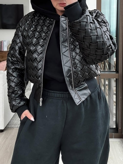 Woven Faux Leather Bomber Jacket