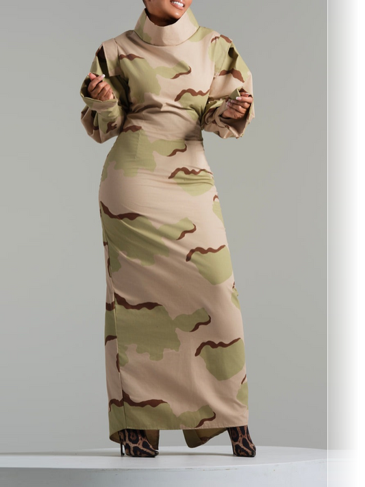 High Mock-neck  Camouflage Maxi Dress