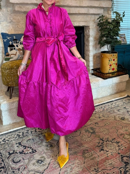 Hot Pink Raw Silk Maxi Dress