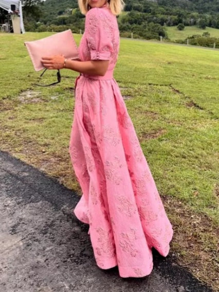 Pink Waist-cinching Button-down Maxi Dress