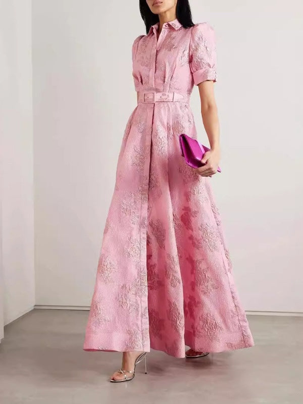 Pink Waist-cinching Button-down Maxi Dress