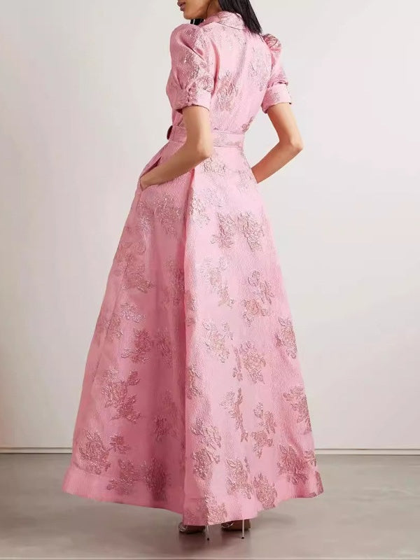 Pink Waist-cinching Button-down Maxi Dress