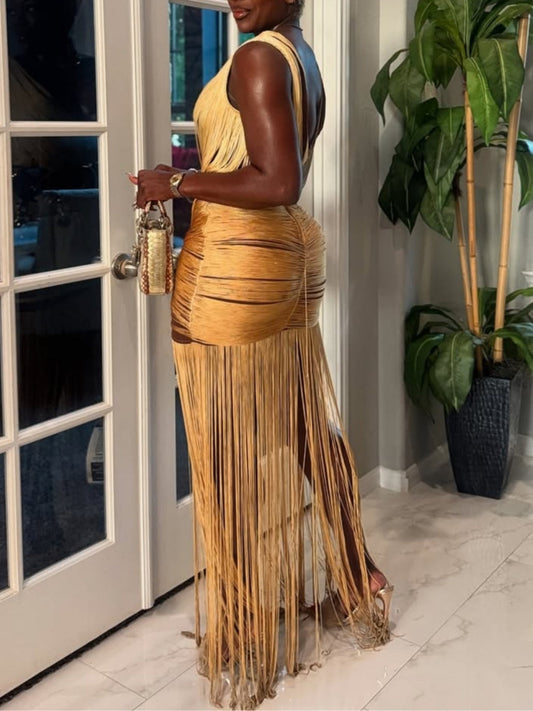 Metallic Backless Fringe Dress