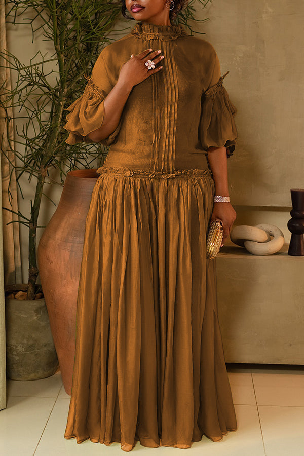 Green Ruffled 3/4 Sleeves Elegant Maxi Dress