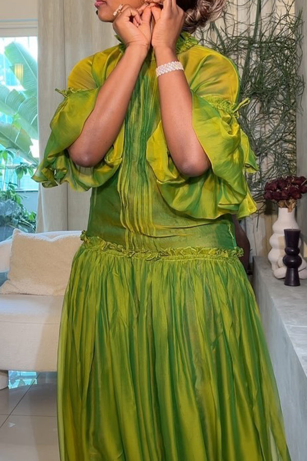 Green Ruffled 3/4 Sleeves Elegant Maxi Dress