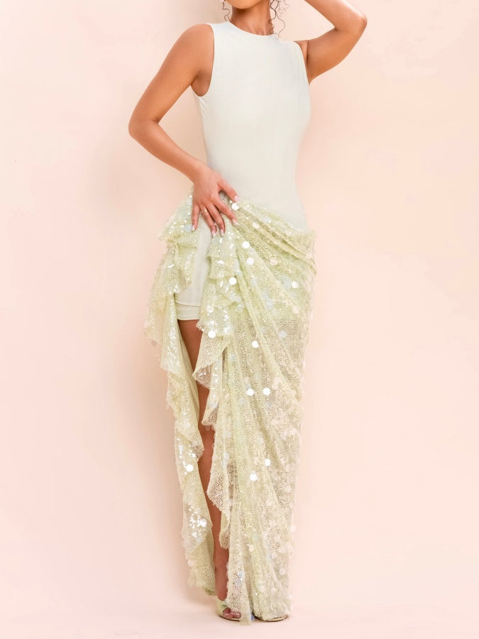 Mint Green Sequin Draped Mesh Dress