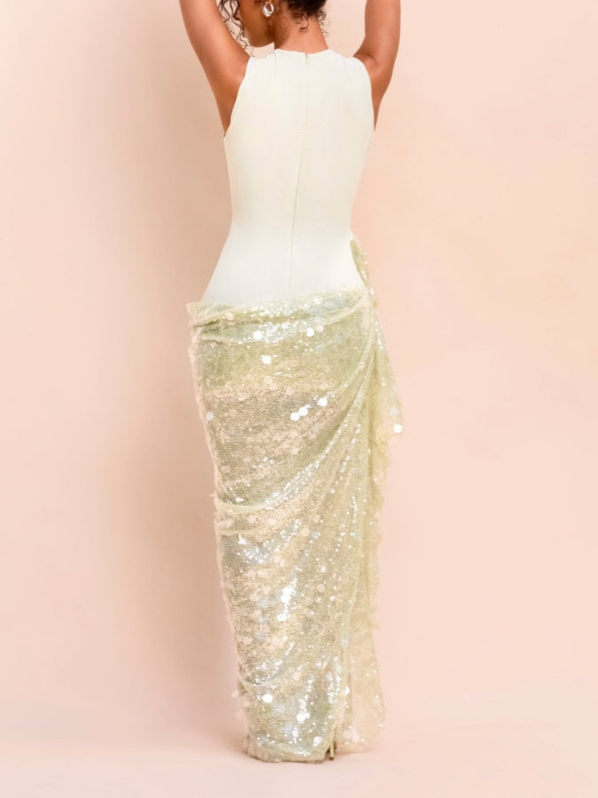 Mint Green Sequin Draped Mesh Dress