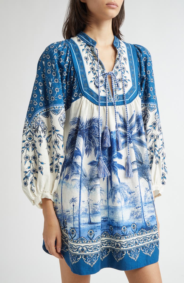 Palm Tree Print Linen Blend Tie Front Dress