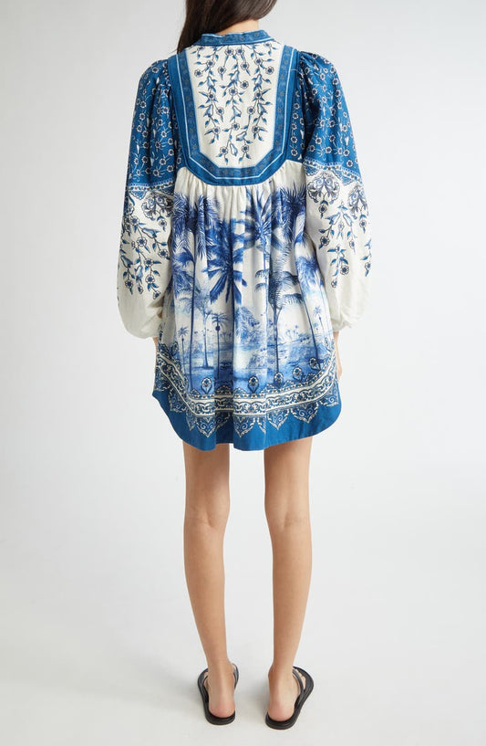 Palm Tree Print Linen Blend Tie Front Dress