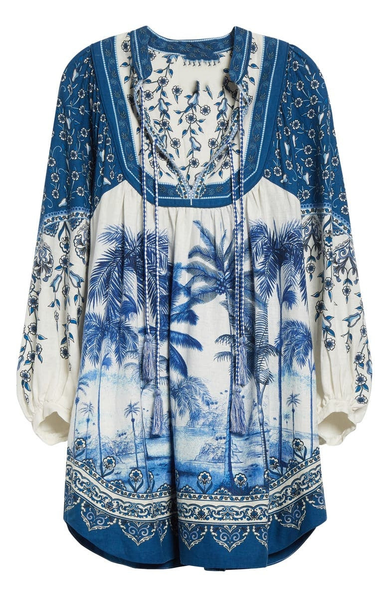 Palm Tree Print Linen Blend Tie Front Dress
