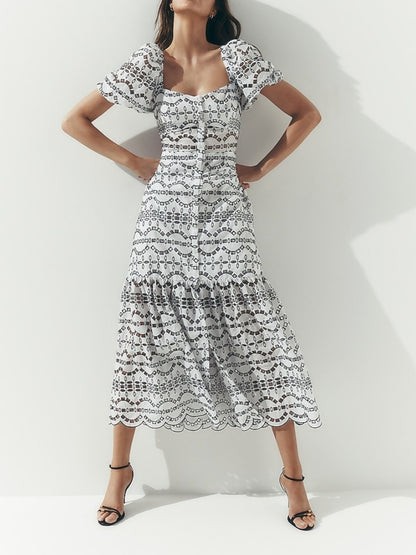 Eyelet Puff Sleeve Button Front Tiered Maxi Dress