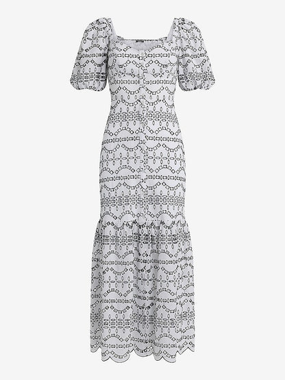 Eyelet Puff Sleeve Button Front Tiered Maxi Dress