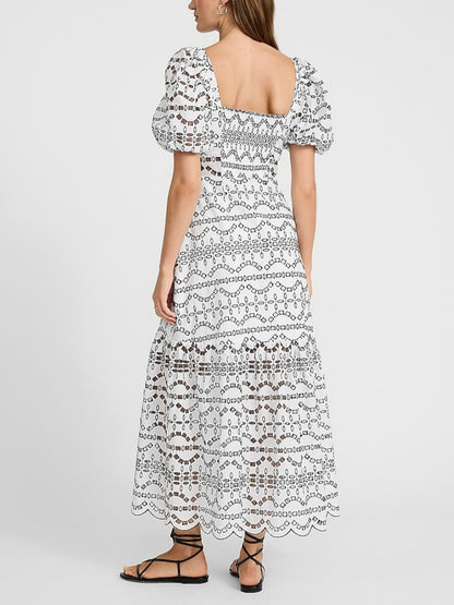 Eyelet Puff Sleeve Button Front Tiered Maxi Dress