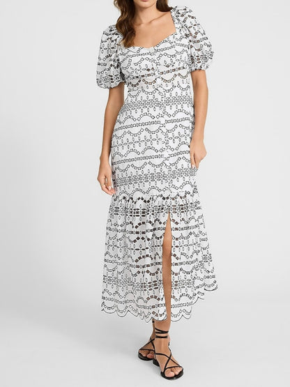 Eyelet Puff Sleeve Button Front Tiered Maxi Dress