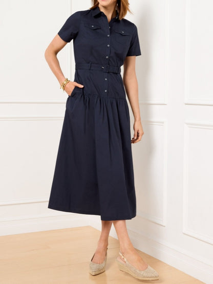 Button Half Placket Closure Poplin Shirtdress
