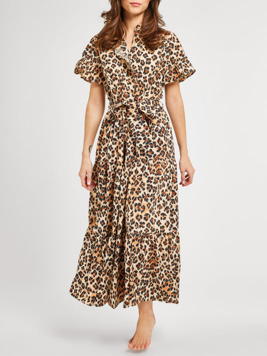 Ruffle Collar Leopard Print Maxi Dress