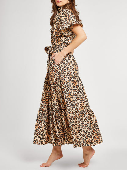 Ruffle Collar Leopard Print Maxi Dress