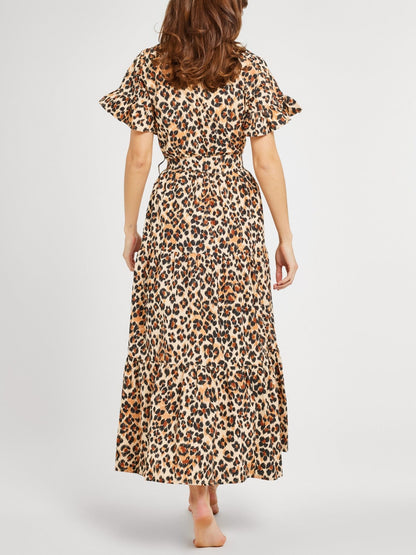 Ruffle Collar Leopard Print Maxi Dress