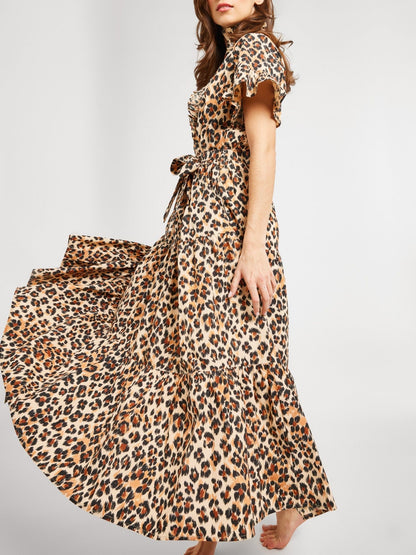 Ruffle Collar Leopard Print Maxi Dress
