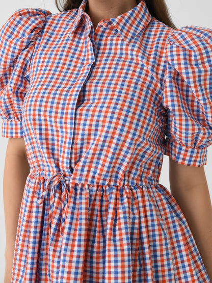 Puff Sleeve Pink Plaid Printed Mini Dress