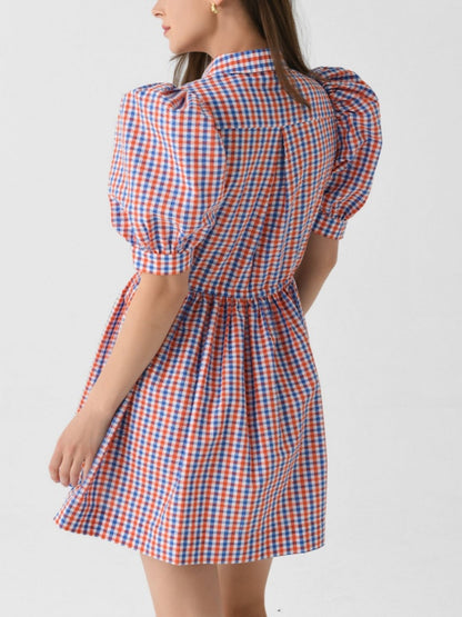 Puff Sleeve Pink Plaid Printed Mini Dress