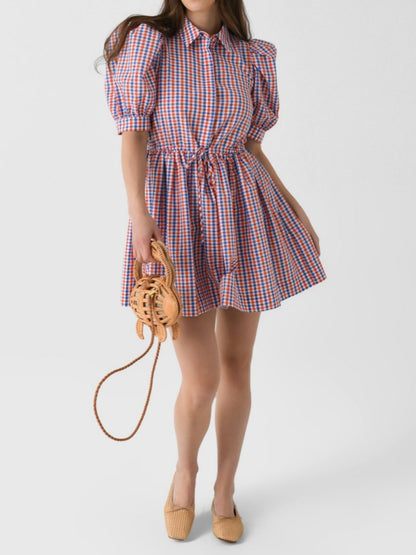 Puff Sleeve Pink Plaid Printed Mini Dress