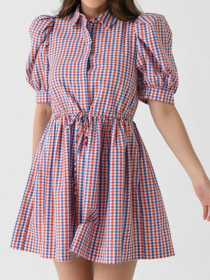 Puff Sleeve Pink Plaid Printed Mini Dress