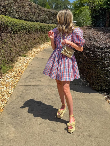 Puff Sleeve Pink Plaid Printed Mini Dress