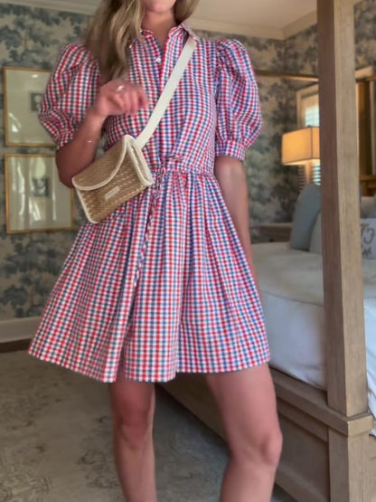 Puff Sleeve Pink Plaid Printed Mini Dress