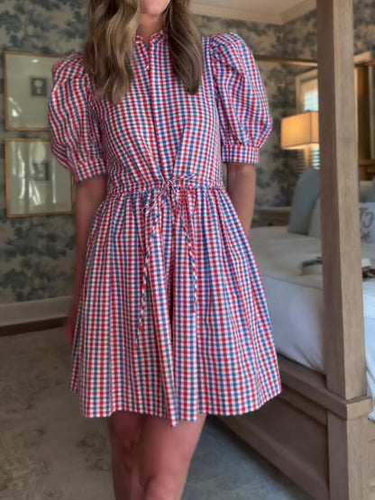 Puff Sleeve Pink Plaid Printed Mini Dress