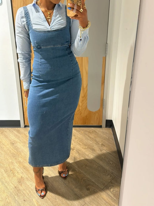Square Neck Bodycon Denim Midi Dress