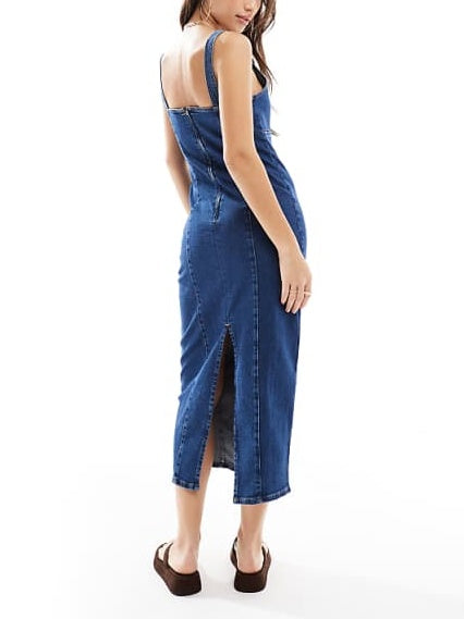 Square Neck Bodycon Denim Midi Dress