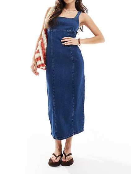 Square Neck Bodycon Denim Midi Dress