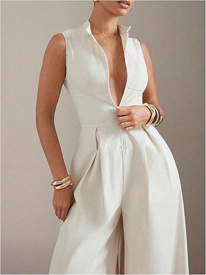Sleeveless Zip Up Wide Leg Jumpsuit