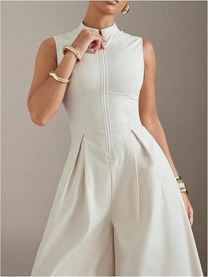 Sleeveless Zip Up Wide Leg Jumpsuit