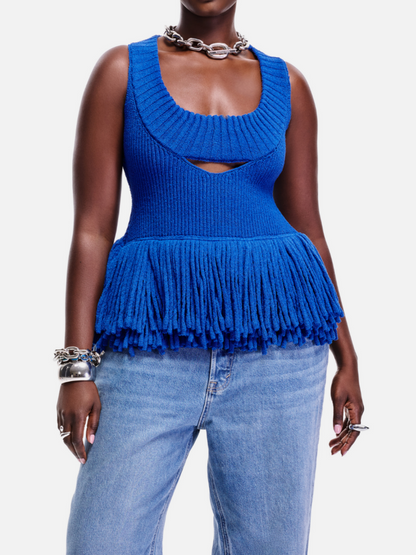Sleeveless Knitted Cutout Fringe Top