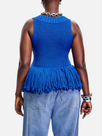 Sleeveless Knitted Cutout Fringe Top