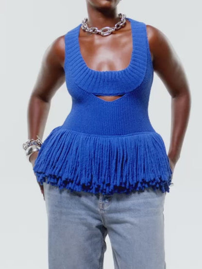 Sleeveless Knitted Cutout Fringe Top