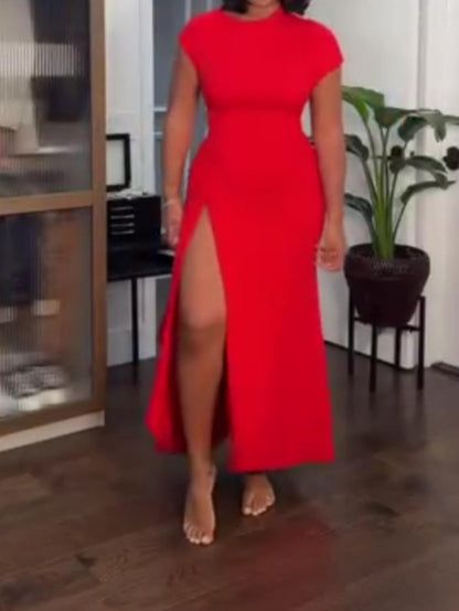 Round Neck Slit Solid Color Casual Dress