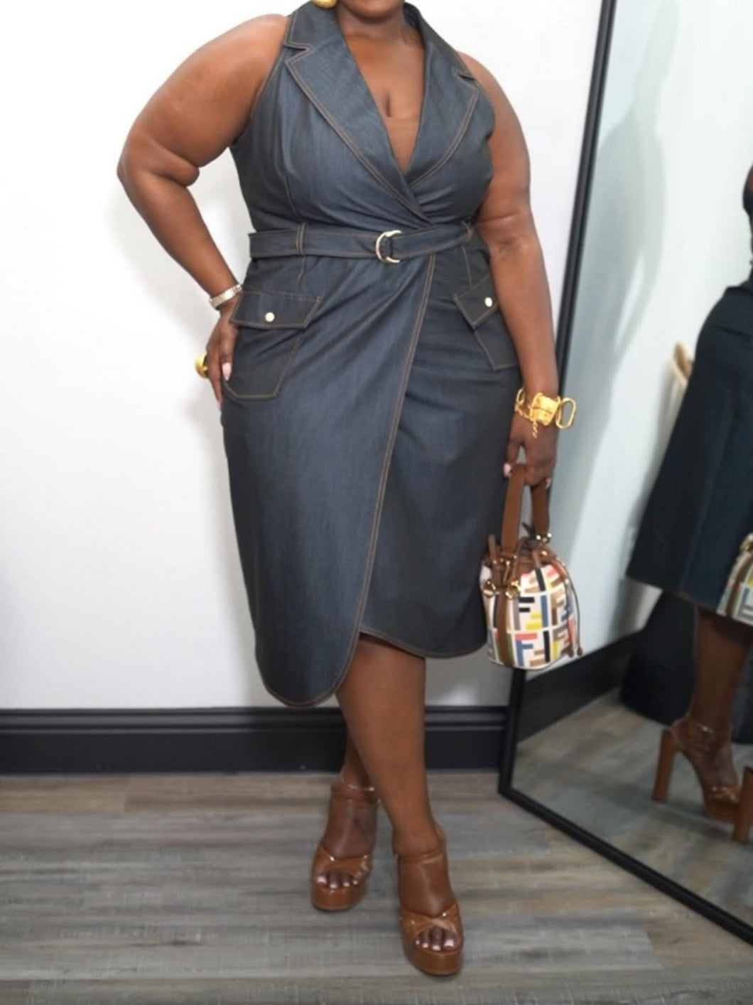 Sleeveless Denim Midi Dress With Belt