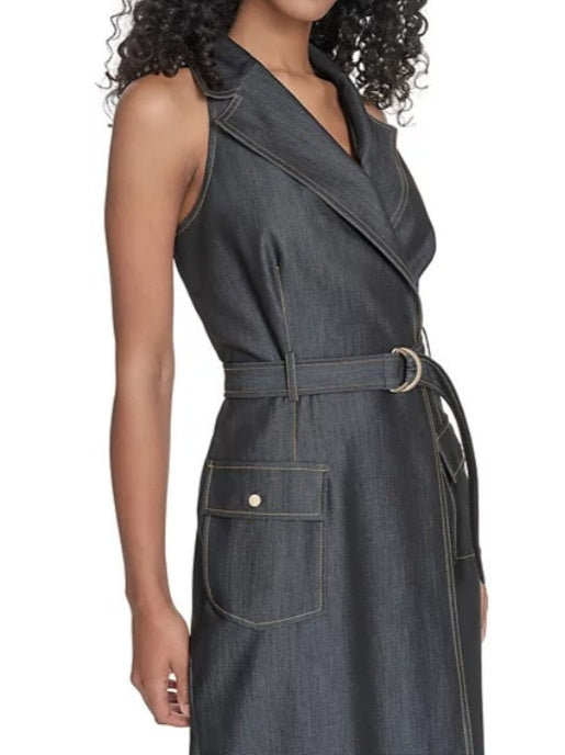 Sleeveless Denim Midi Dress With Belt