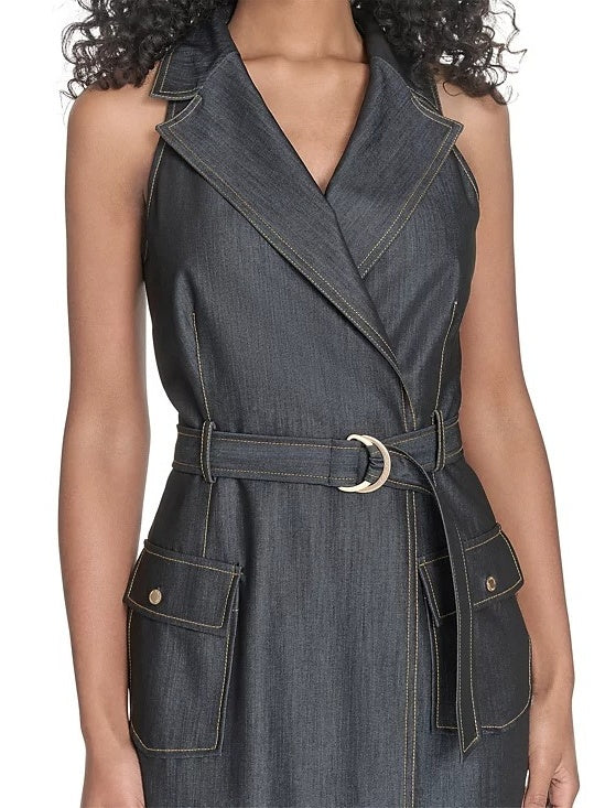 Sleeveless Denim Midi Dress With Belt