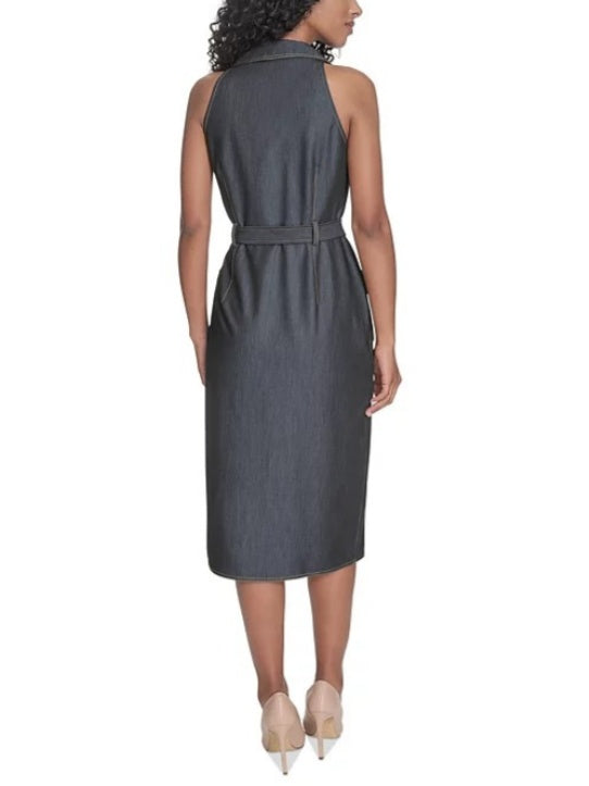 Sleeveless Denim Midi Dress With Belt