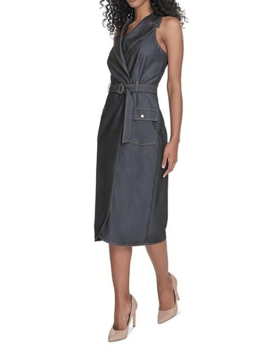 Sleeveless Denim Midi Dress With Belt