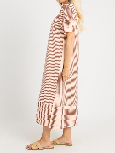 V-neck Lantern Short-sleeved Striped Loose Dress