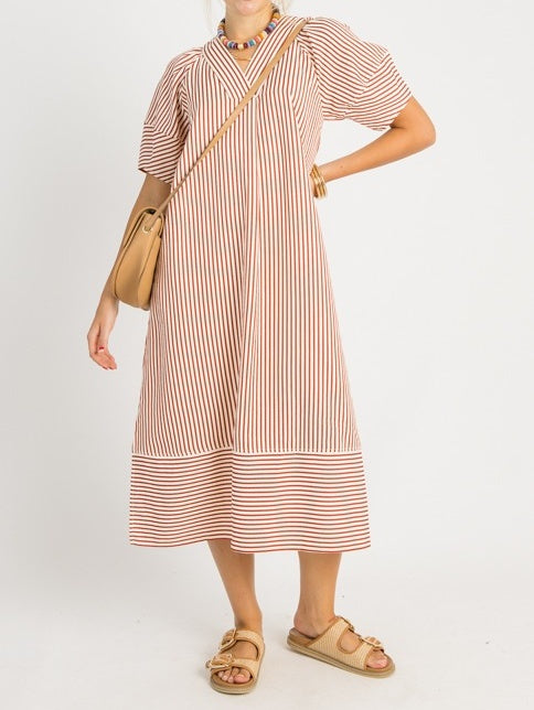 V-neck Lantern Short-sleeved Striped Loose Dress