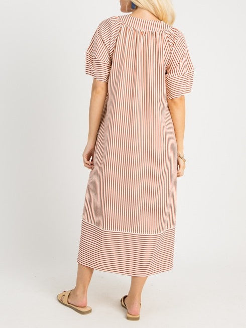V-neck Lantern Short-sleeved Striped Loose Dress