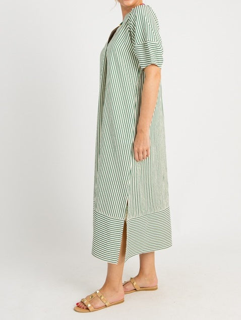 V-neck Lantern Short-sleeved Striped Loose Dress